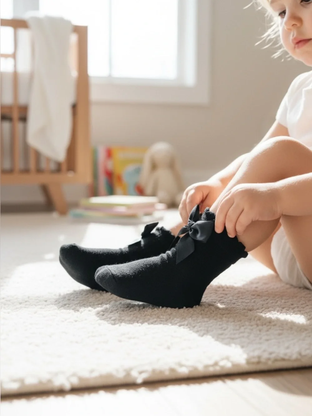 Black Bow Trim Kids Socks - Cute Ruffle Anklet